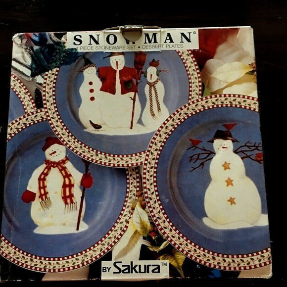 NIB Vintage Sakura Debbie Mumm Snowman Christmas Dessert/Salad Plates Set of 4 - Picture 5 of 7